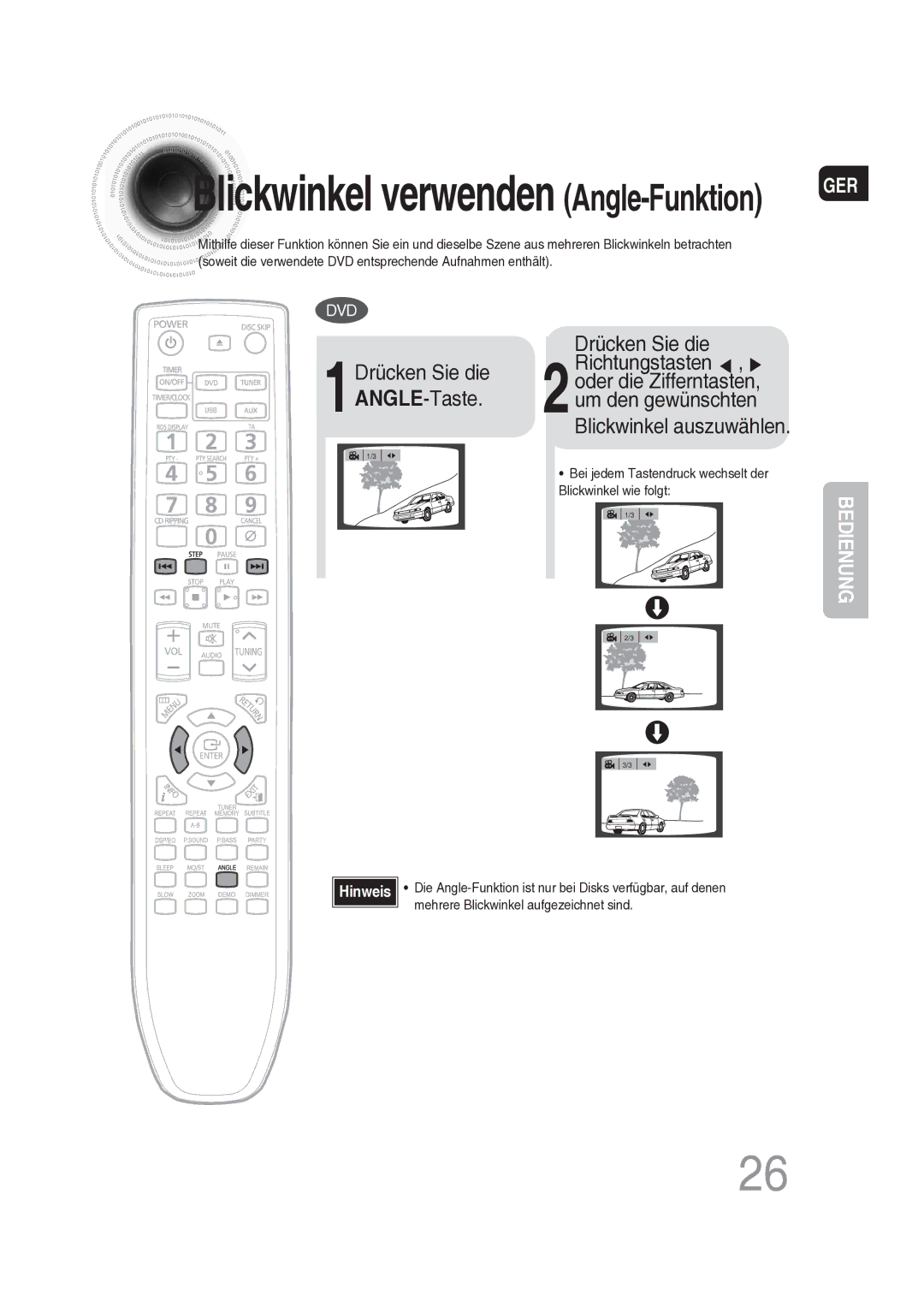 Samsung MAX-DG56R/EDC manual Blickwinkel auszuwählen, Bei jedem Tastendruck wechselt der Blickwinkel wie folgt 