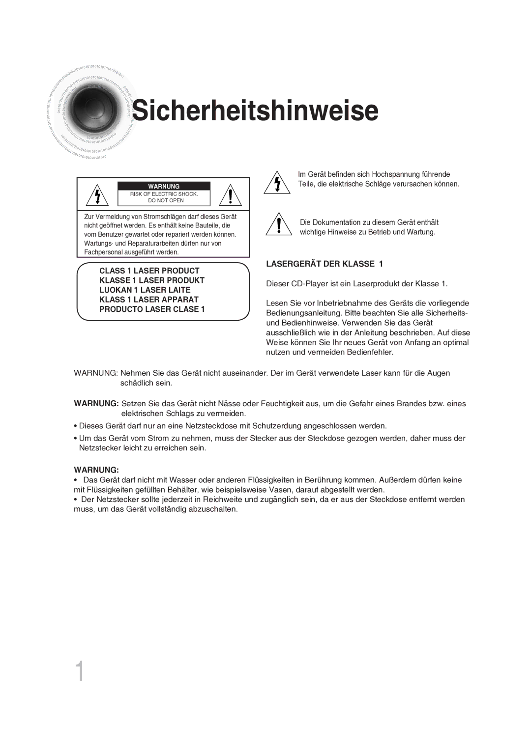 Samsung MAX-DG56R/EDC manual Sicherheitshinweise, Dieser CD-Player ist ein Laserprodukt der Klasse 