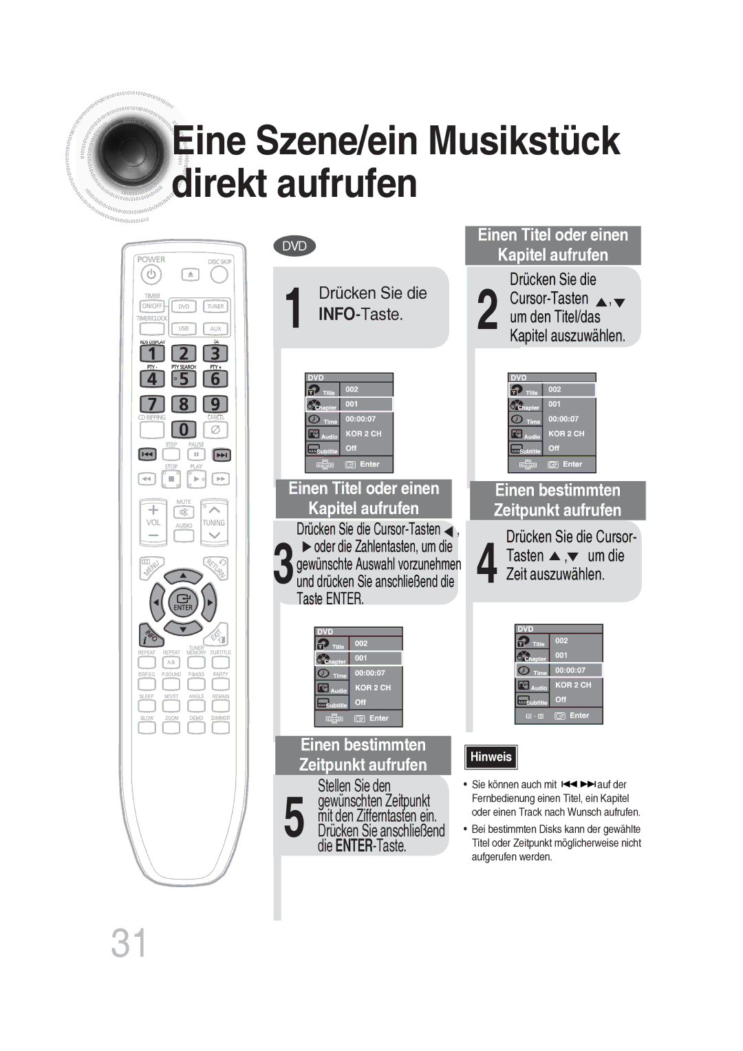 Samsung MAX-DG56R/EDC manual Eine Szene/ein Musikstück direkt aufrufen, Stellen Sie den 