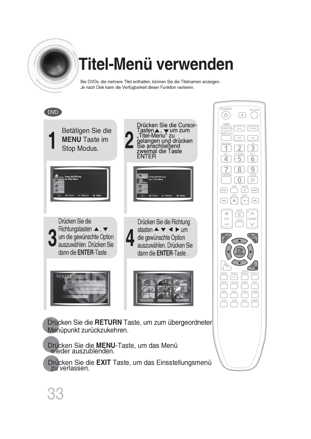 Samsung MAX-DG56R/EDC manual Titel-Menü verwenden, Betätigen Sie die, MENUStop Modus.Taste im 