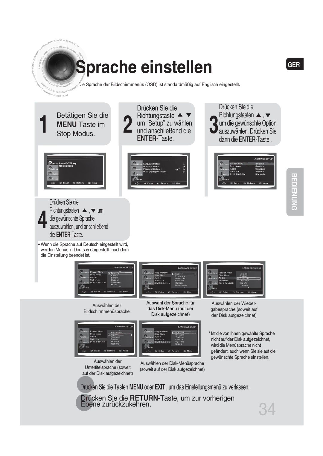 Samsung MAX-DG56R/EDC manual Sprache einstellen, Ebene zurückzukehren 