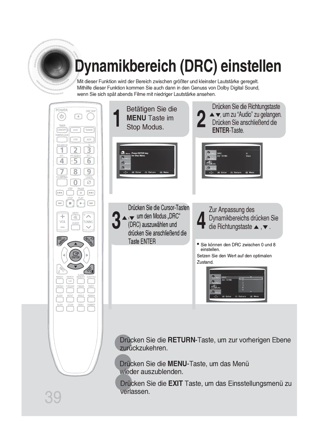 Samsung MAX-DG56R/EDC manual Menu Taste im, Stop Modus ENTER-Taste, Zur Anpassung des, Drücken Sie die Richtungstaste 