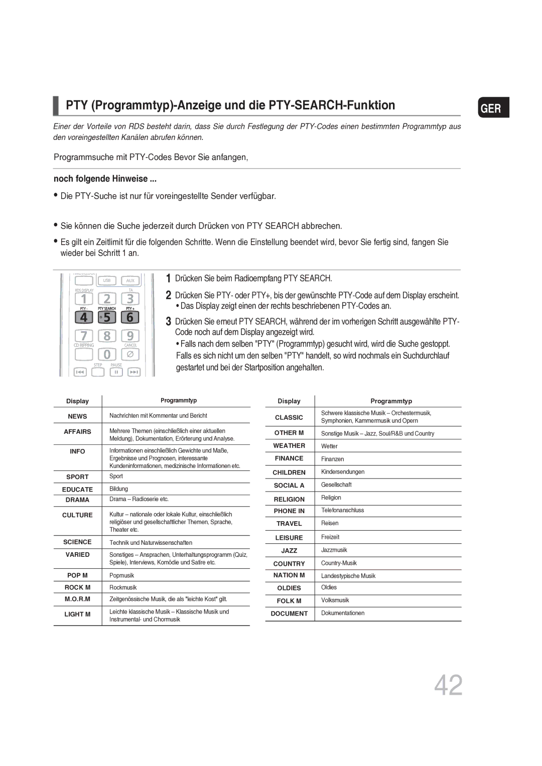 Samsung MAX-DG56R/EDC manual PTY Programmtyp-Anzeige und die PTY-SEARCH-Funktion, Noch folgende Hinweise 