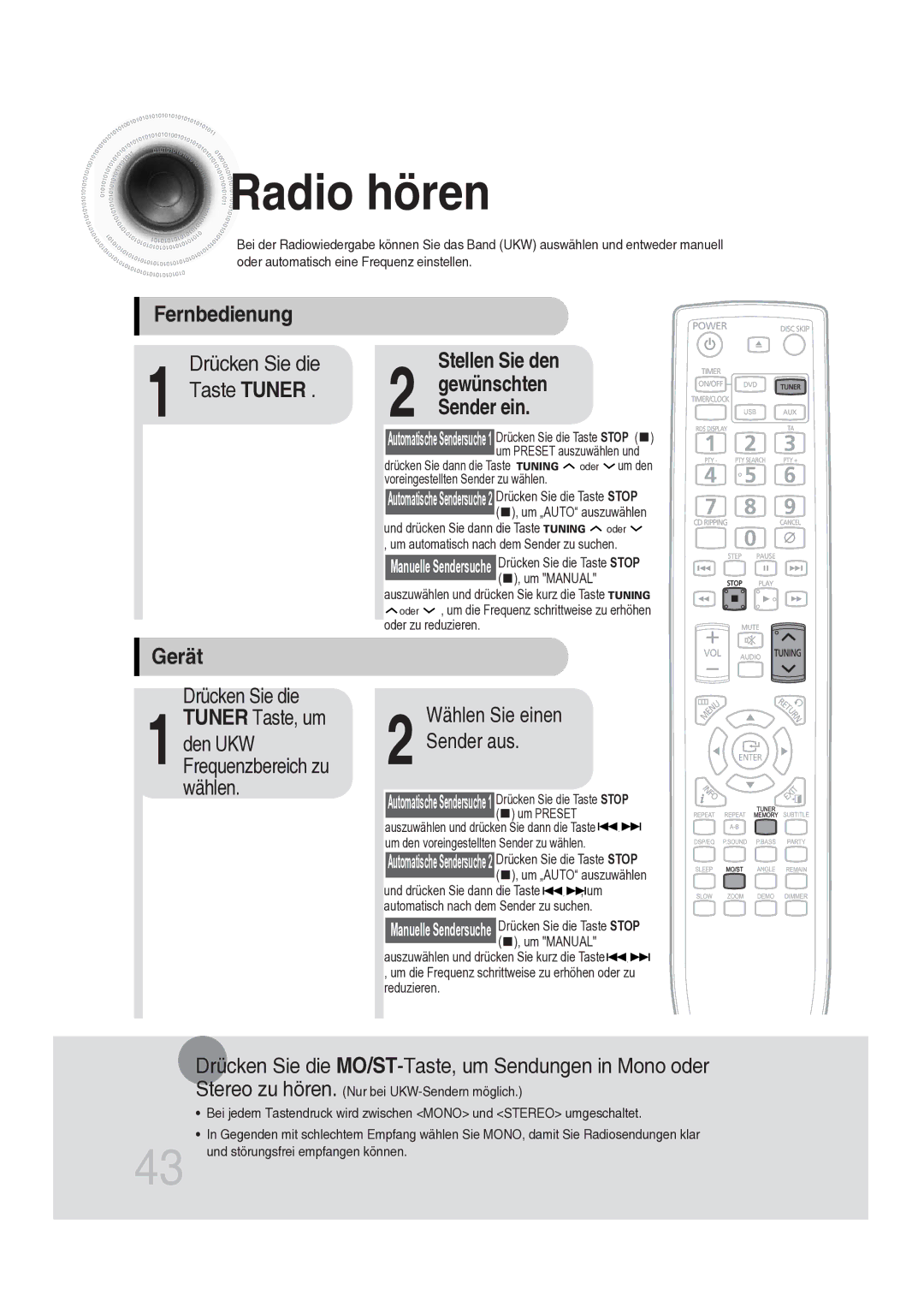 Samsung MAX-DG56R/EDC manual Radio hören, Fernbedienung, Gerät, Stellen Sie den 