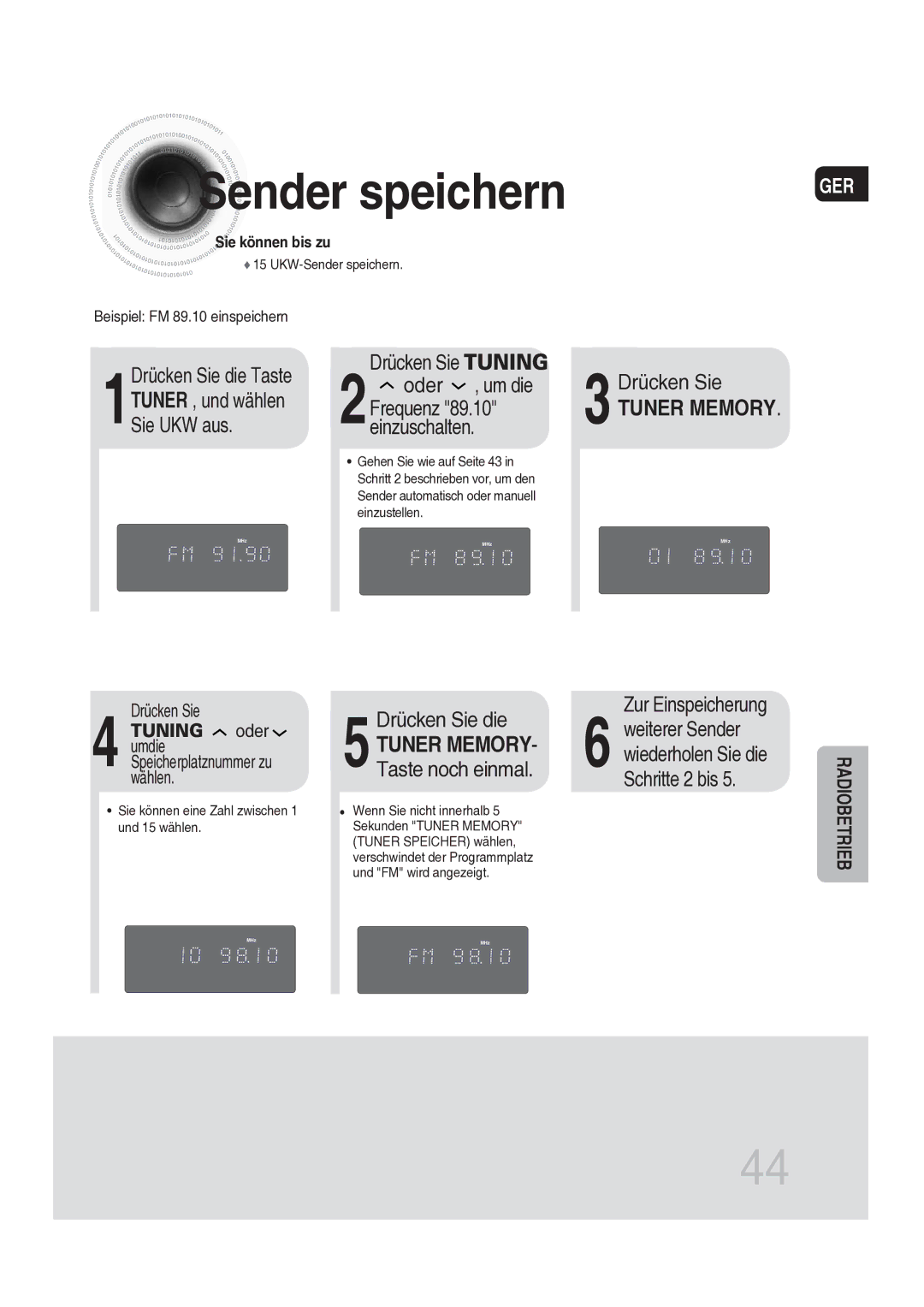 Samsung MAX-DG56R/EDC manual Sender speichern, 3Drücken Sie, 5Drücken Sie die, Zur Einspeicherung, Sie können bis zu 