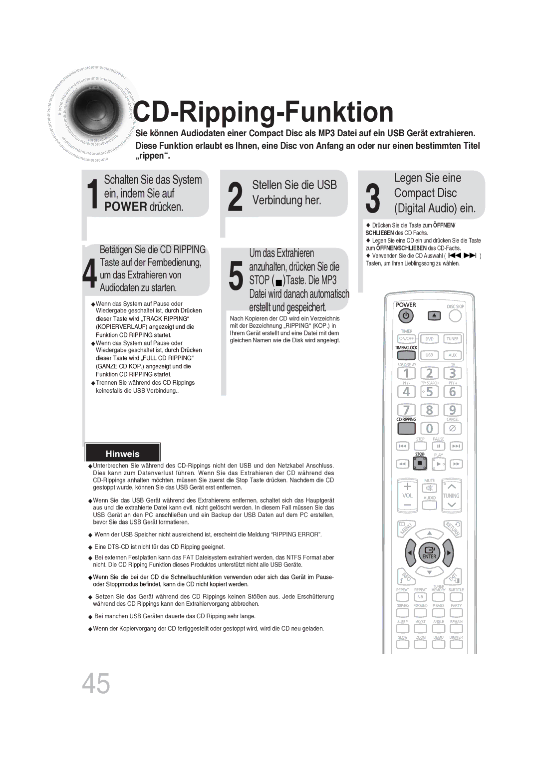 Samsung MAX-DG56R/EDC manual Um das Extrahieren, Legen Sie eine 