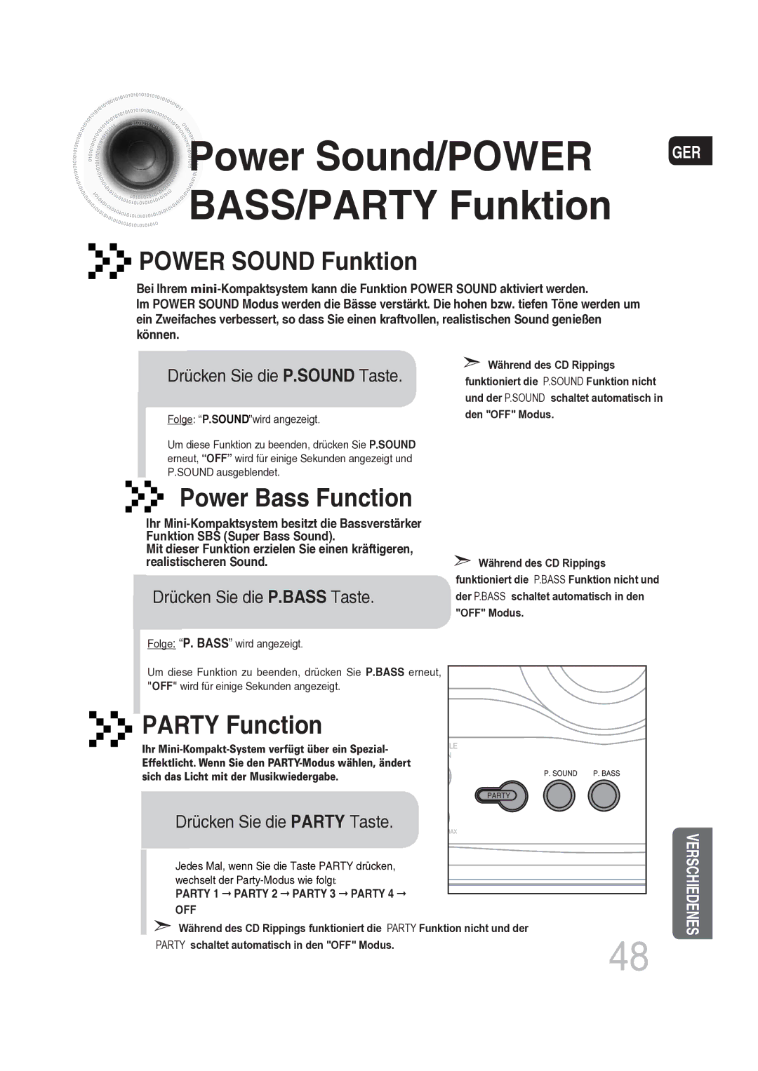 Samsung MAX-DG56R/EDC Power Sound/POWER, BASS/PARTY Funktion, Drücken Sie die P.SOUND Taste, Drücken Sie die P.BASS Taste 