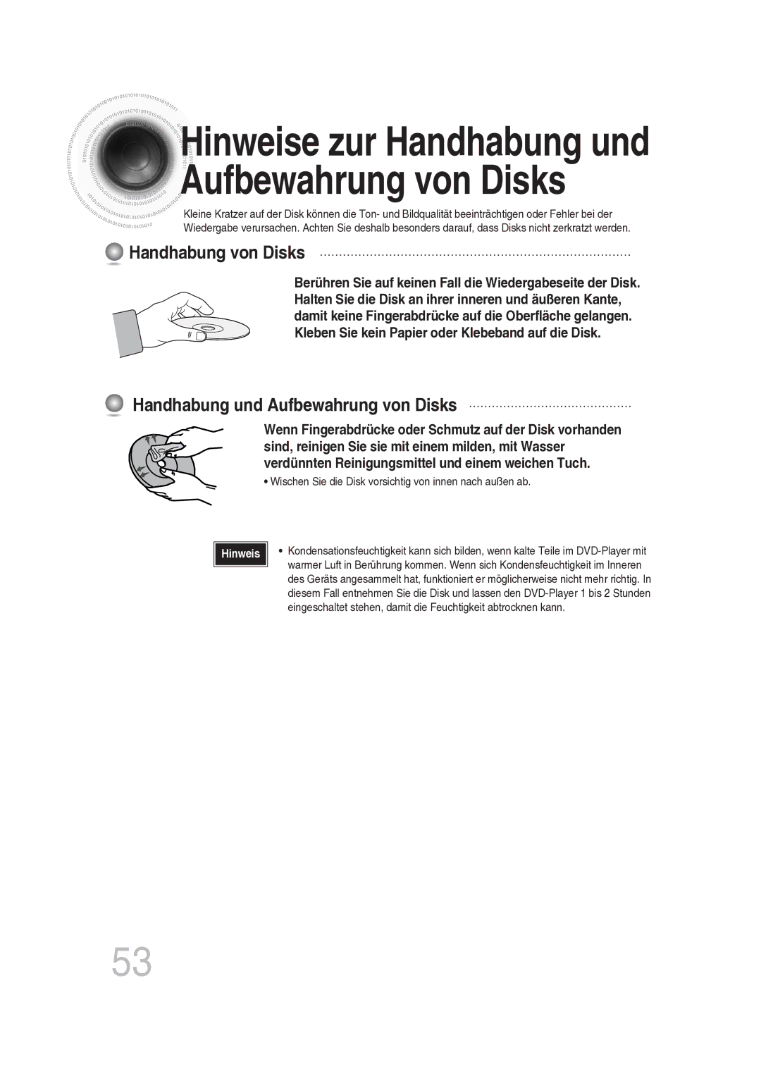 Samsung MAX-DG56R/EDC manual Hinweise zur Handhabung und Aufbewahrung von Disks, Handhabung von Disks 