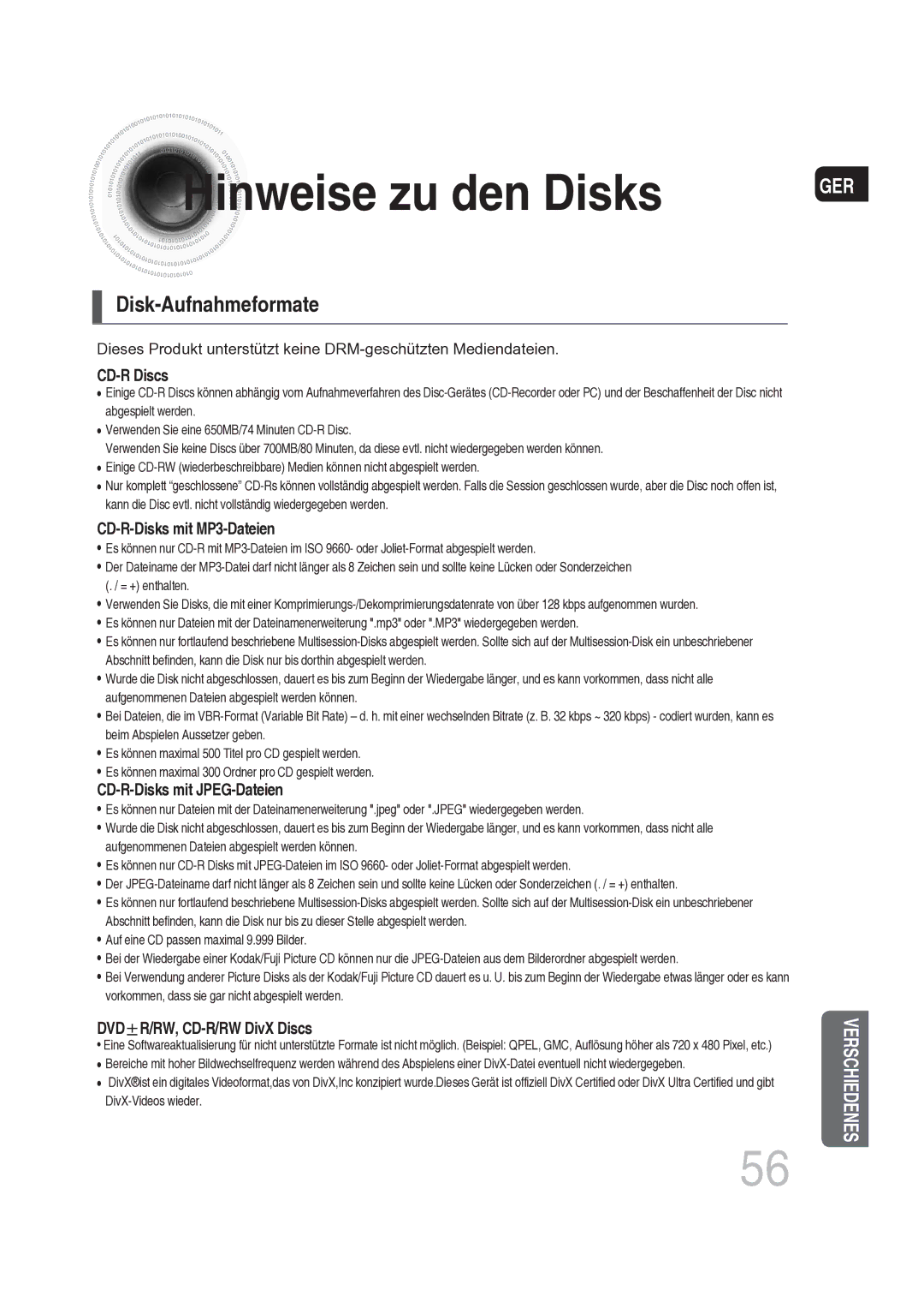 Samsung MAX-DG56R/EDC manual Hinweise zu den Disks, Disk-Aufnahmeformate 