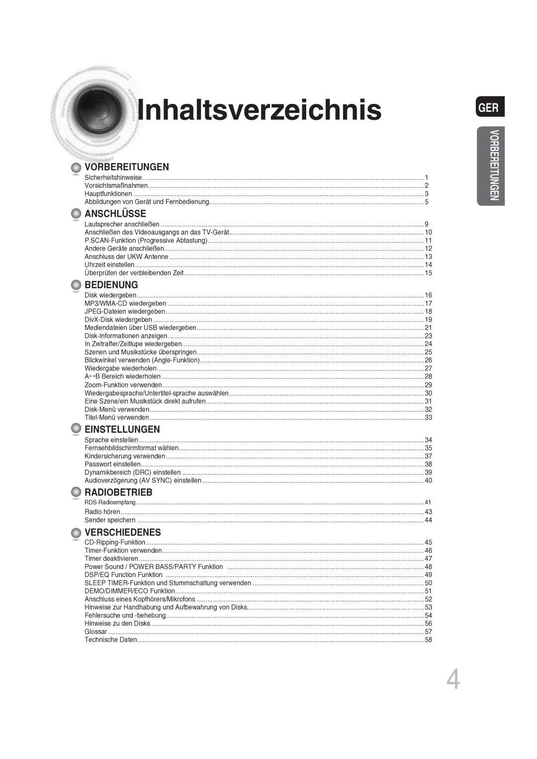 Samsung MAX-DG56R/EDC manual Inhaltsverzeichnis, Vorbereitungen 