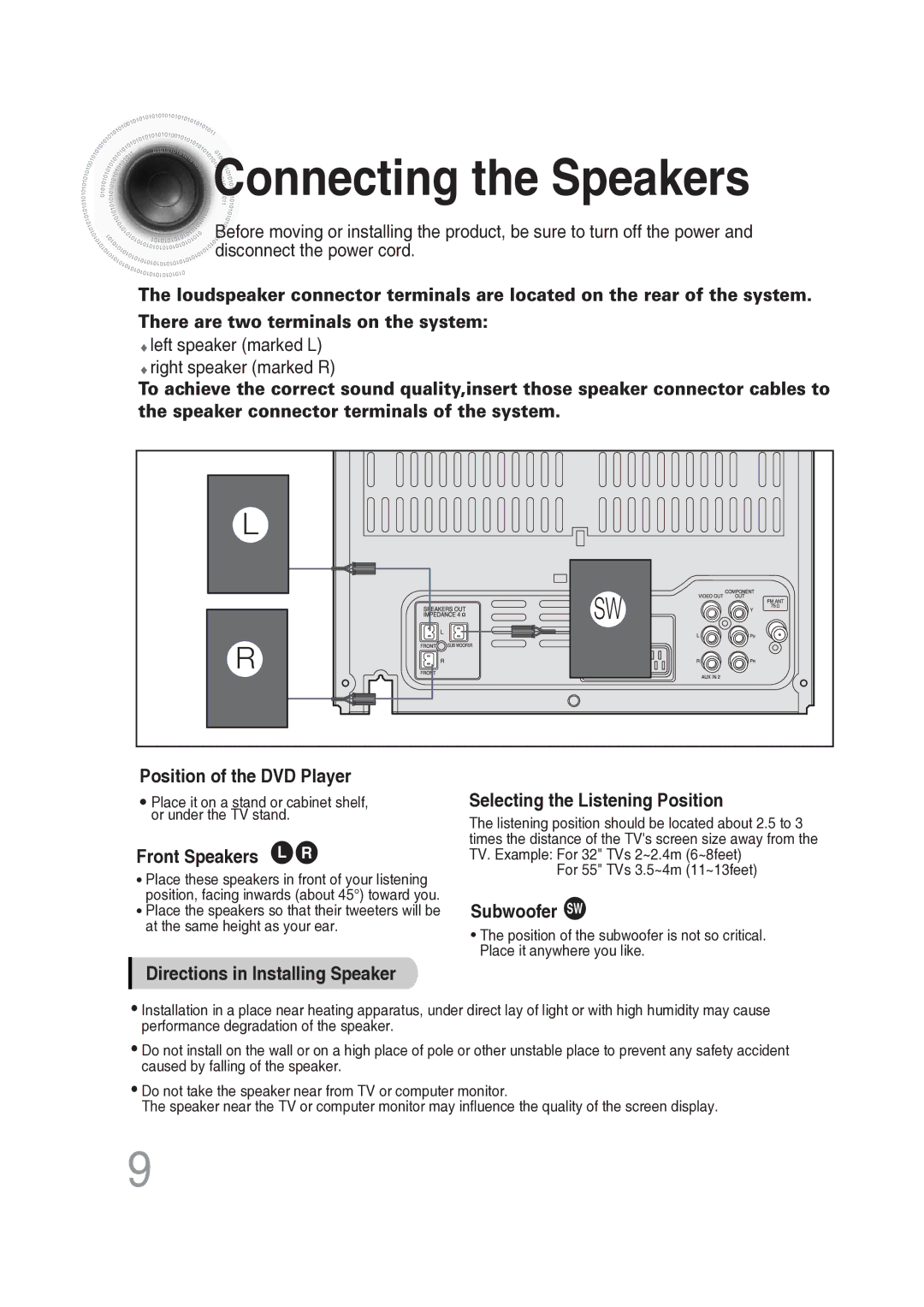 Samsung MAX-DG56R/EDC manual Connecting the Speakers, Front Speakers L R 