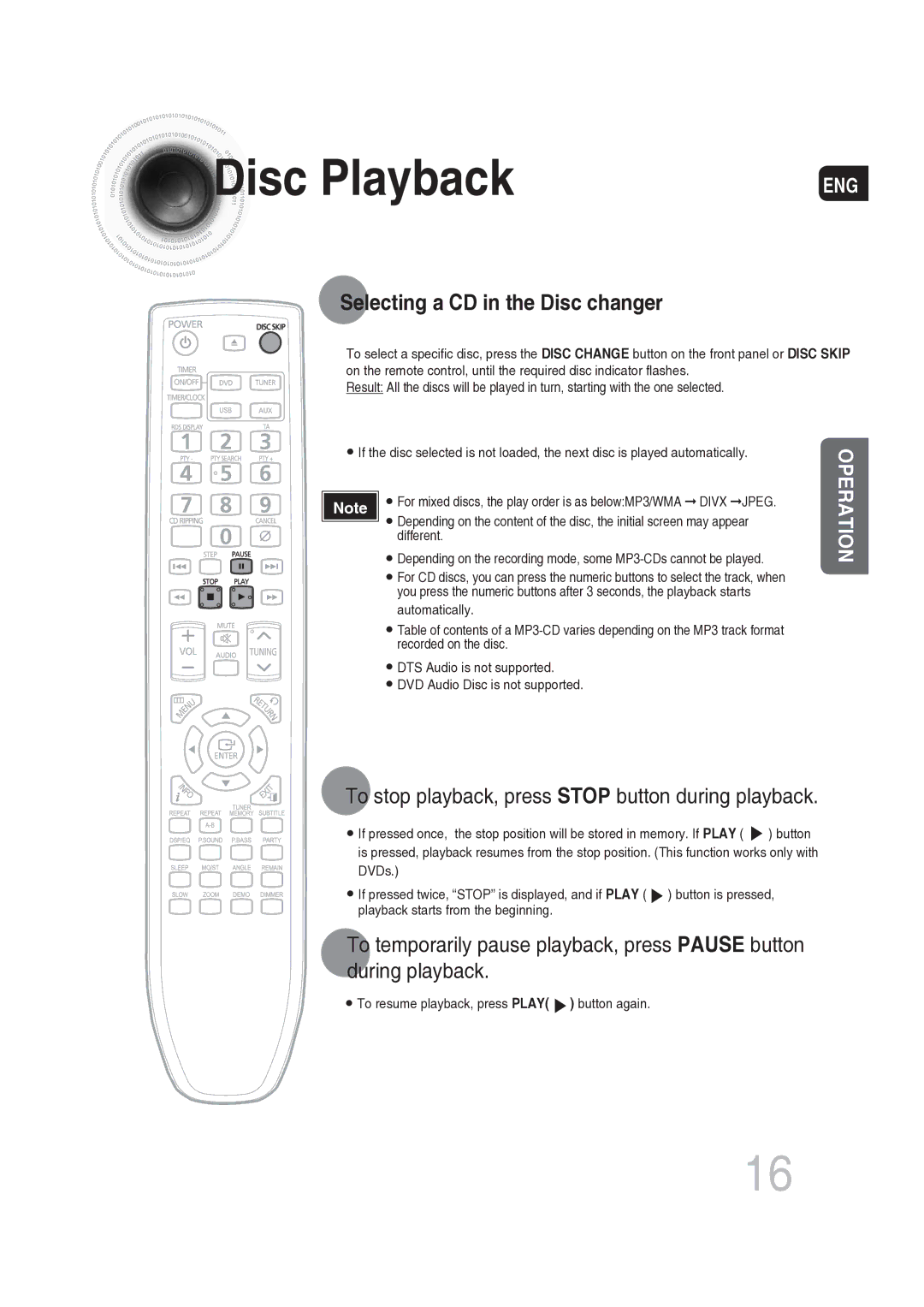 Samsung MAX-DG56R/EDC manual Disc Playback, Selecting a CD in the Disc changer 