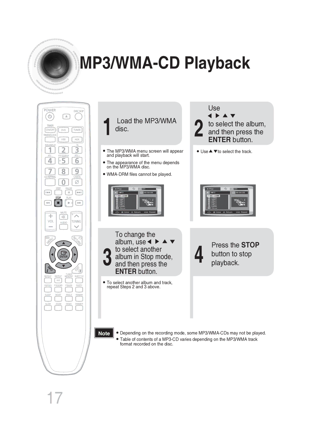 Samsung MAX-DG56R/EDC manual MP3/WMA-CD Playback, Load the MP3/WMA disc, To change the album, use, Use, Press the Stop 