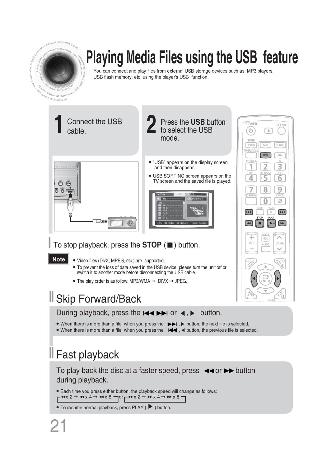 Samsung MAX-DG56R/EDC manual Playing Media Files using the USB feature 