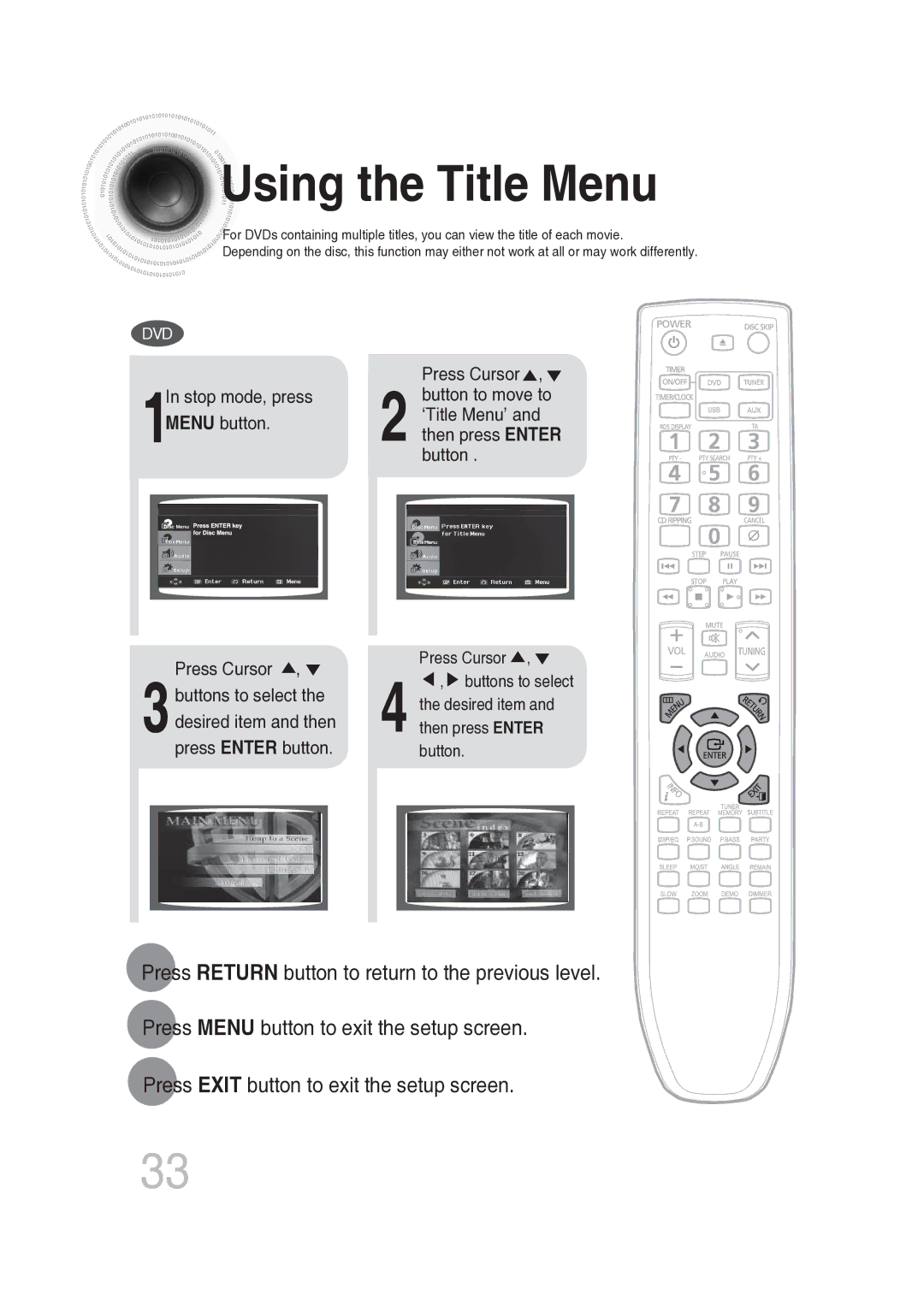 Samsung MAX-DG56R/EDC manual Using the Title Menu 