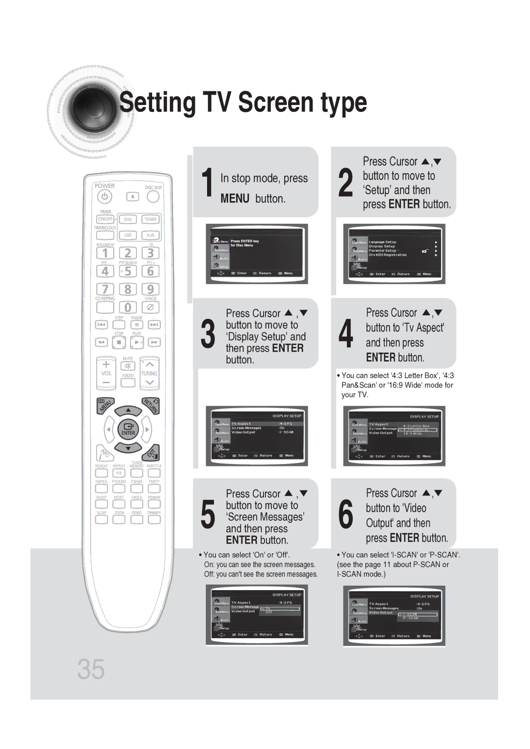 Samsung MAX-DG56R/EDC manual Setting TV Screen type, Stop mode, press, Menu button, Button to move to 