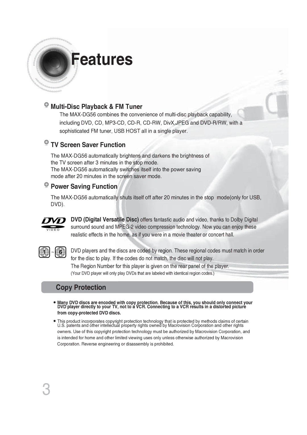 Samsung MAX-DG56R/EDC manual Features, Copy Protection 