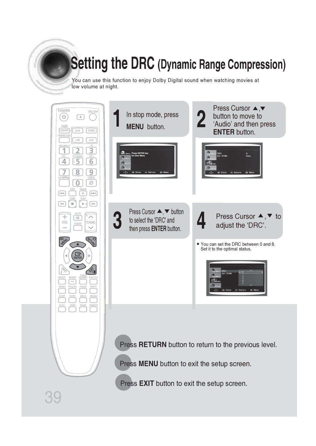 Samsung MAX-DG56R/EDC manual Press Cursor , to adjust the ‘DRC’, Enter button 