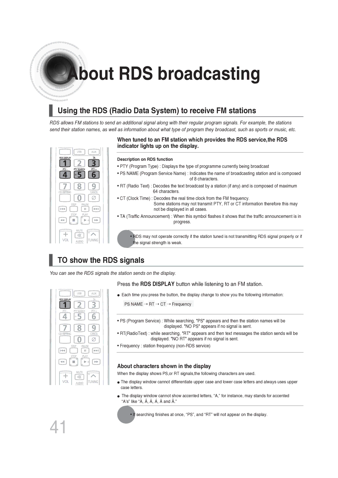 Samsung MAX-DG56R/EDC manual About RDS broadcasting, Using the RDS Radio Data System to receive FM stations 