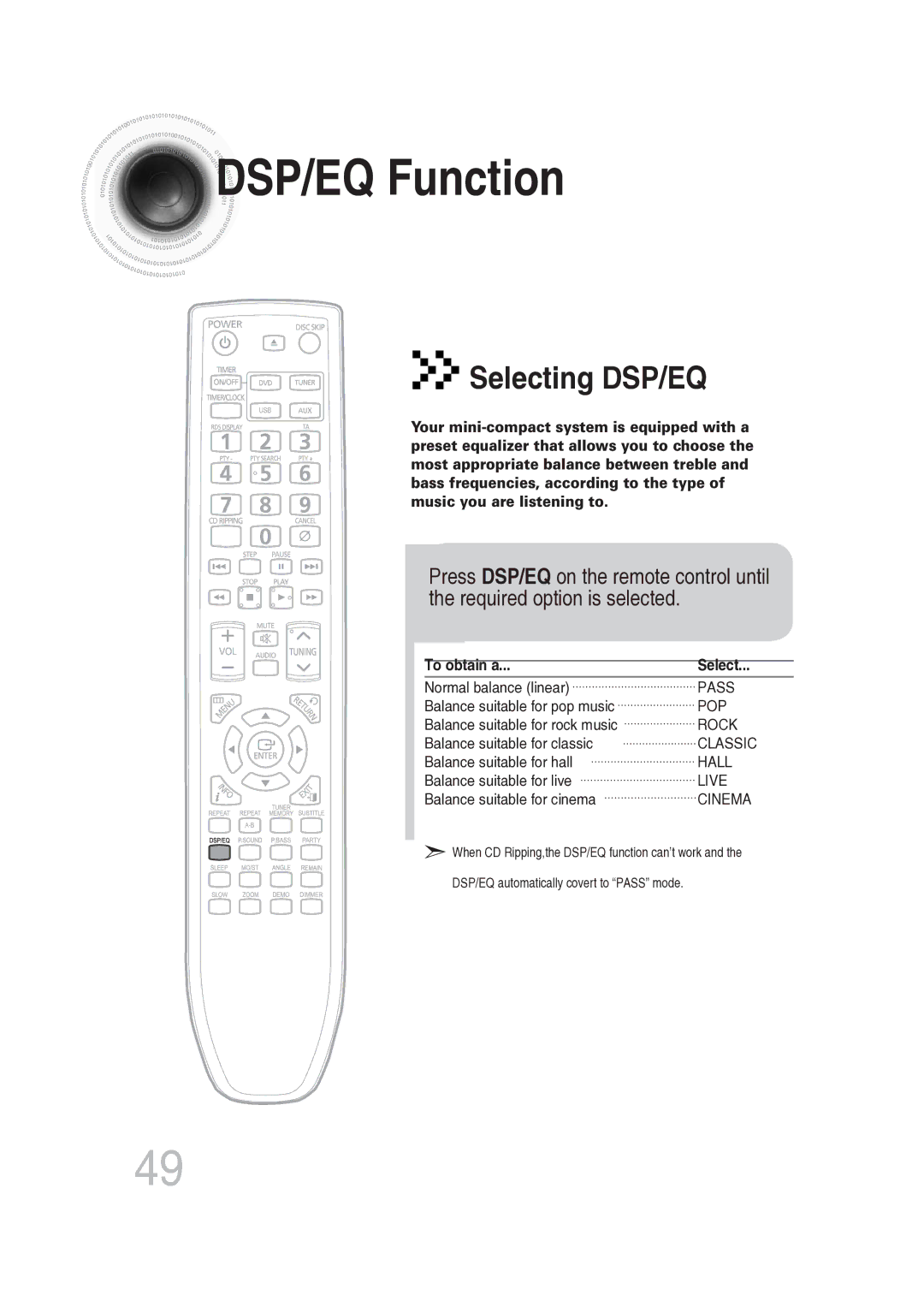 Samsung MAX-DG56R/EDC manual DSP/EQ Function, Selecting DSP/EQ 