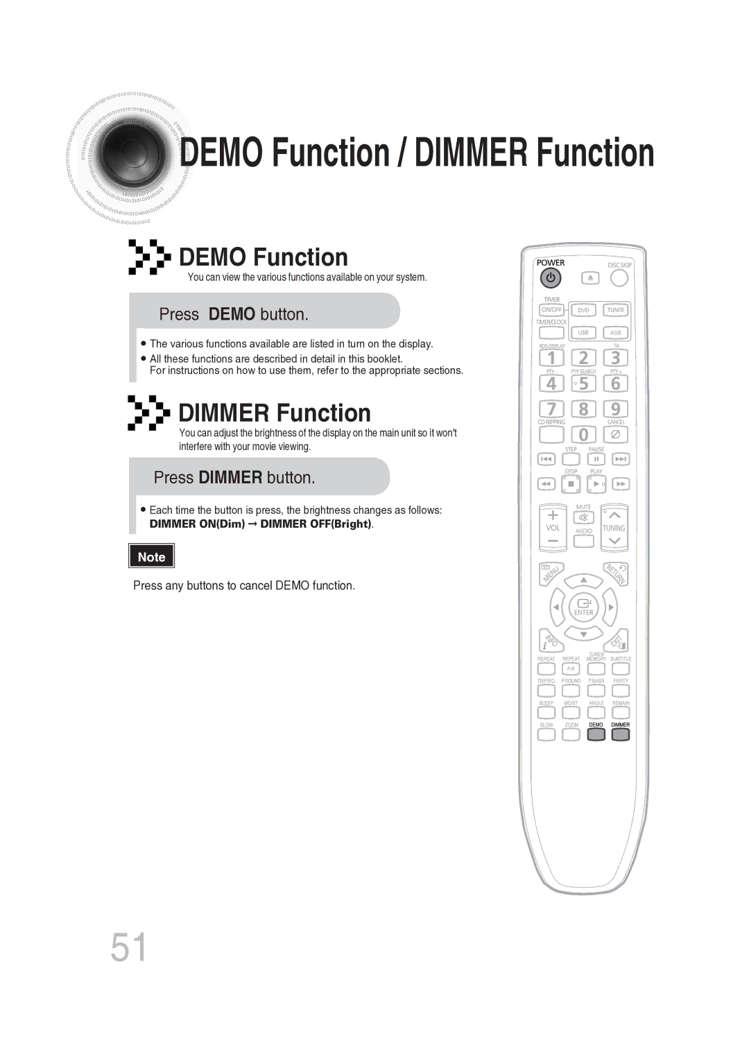 Samsung MAX-DG56R/EDC manual Demo Function, Dimmer Function, Press Demo button, Press Dimmer button 