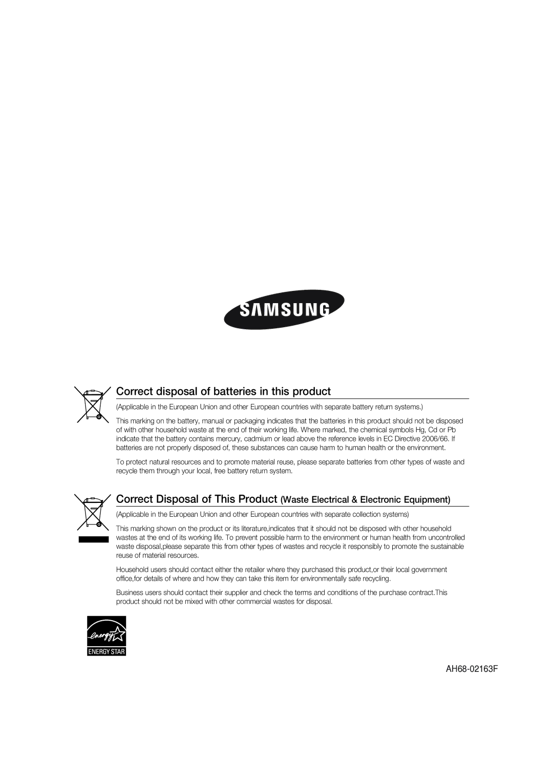 Samsung MAX-DG56R/EDC manual Correct disposal of batteries in this product 