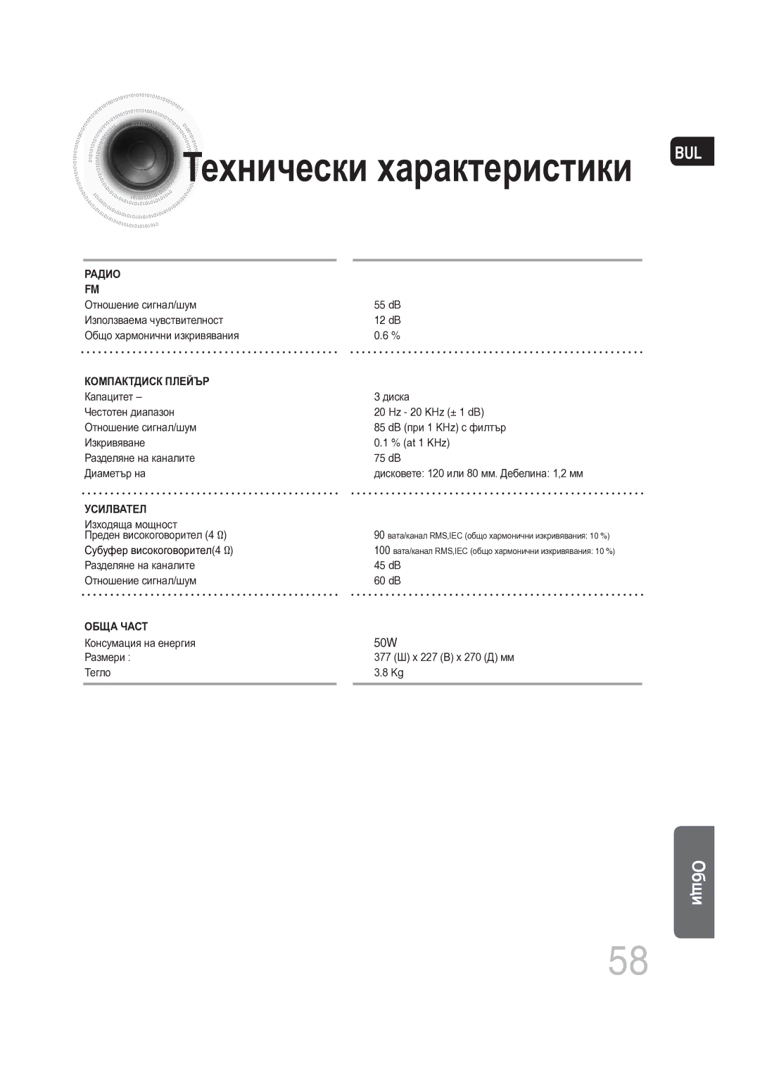 Samsung MAX-DG56R/EDC manual Технически характеристики BUL 