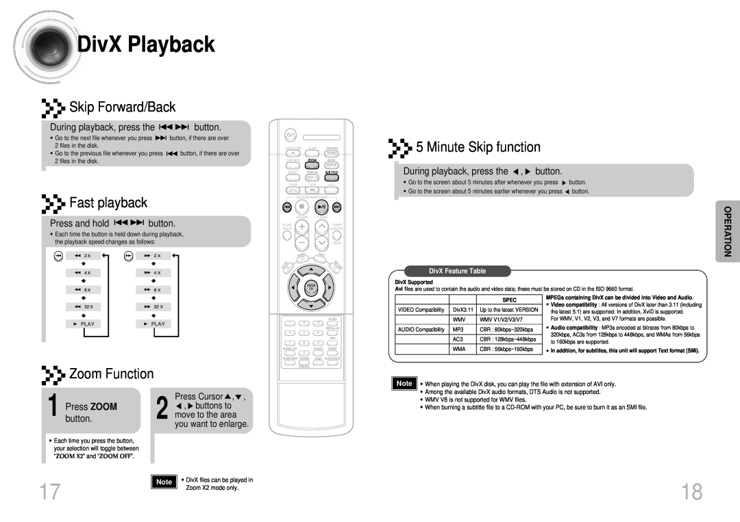 Samsung MAX-DJ550 DivX Playback, Skip Forward/Back, Fast playback, Minute Skip function, Zoom Function, Operation, button 