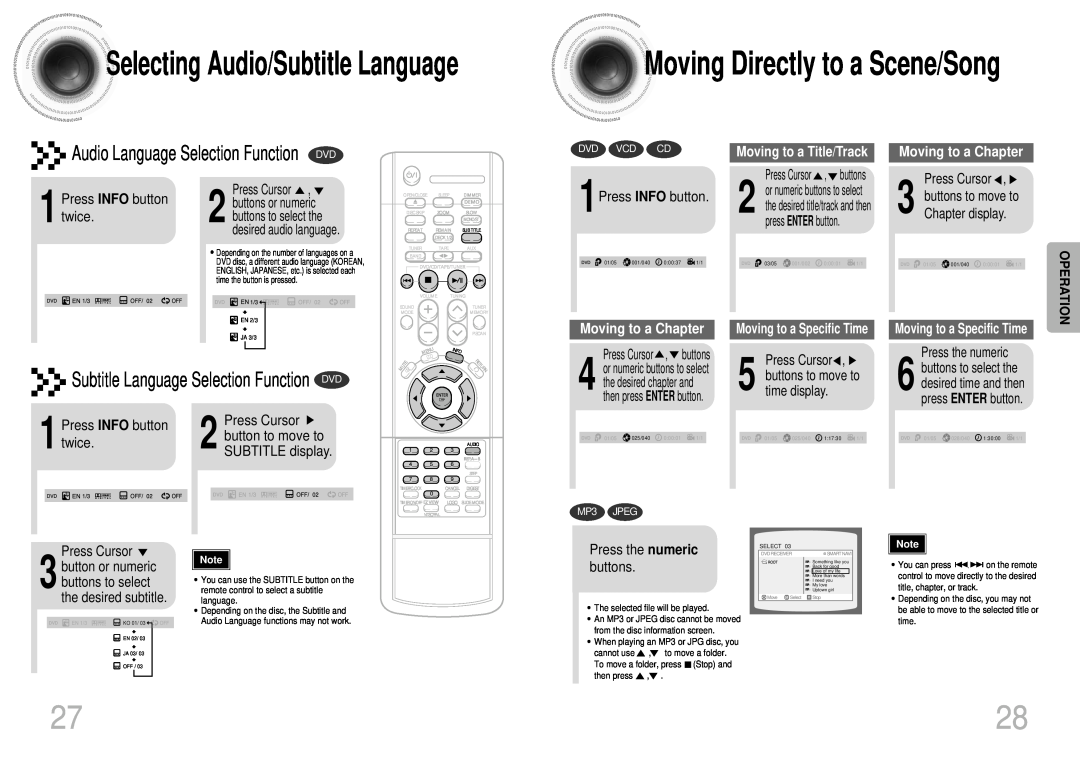 Samsung MAX-DJ550 Moving Directly to a Scene/Song, SelectingAudio/Subtitle Language, 1Press INFO button, Press Cursor 