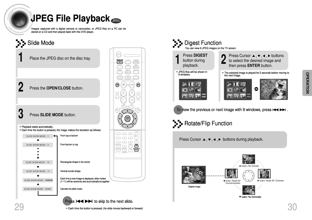Samsung MAX-DJ550 instruction manual JPEG File Playback JPEG, Slide Mode, Digest Function, Rotate/Flip Function, Operation 