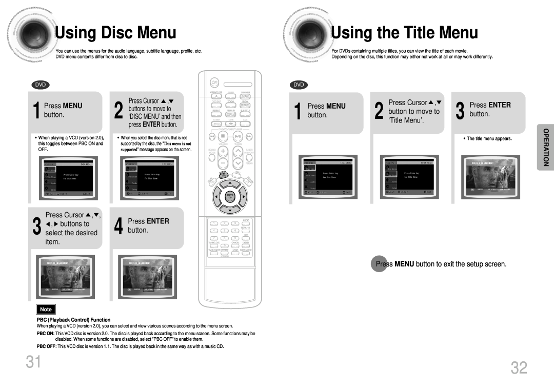Samsung MAX-DJ550 instruction manual Using Disc Menu, Using the Title Menu, Operation, PBC Playback Control Function 