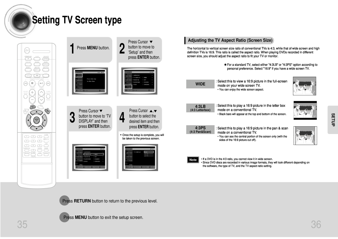 Samsung MAX-DJ550 Setting TV Screen type, Adjusting the TV Aspect Ratio Screen Size, Wide, 43LB, 43PS, Setup 