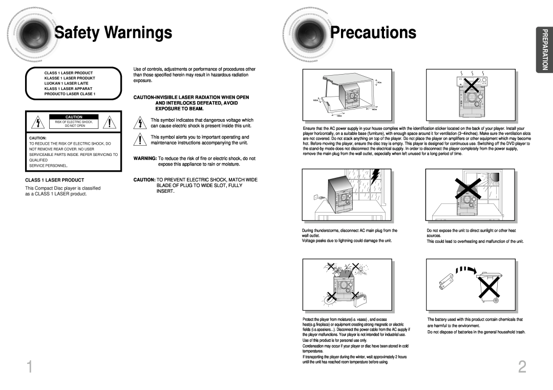 Samsung MAX-DJ550 instruction manual Safety Warnings, Precautions, Preparation, CLASS 1 LASER PRODUCT 