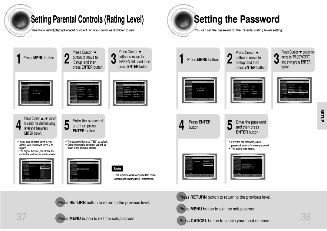 Samsung MAX-DJ550 Setting the Password, Setting Parental Controls Rating Level, Press MENU button to exit the setup screen 