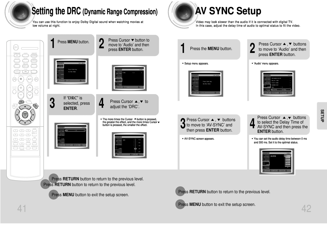Samsung MAX-DJ550 instruction manual AV SYNC Setup, Setting the DRC Dynamic Range Compression, Enter 