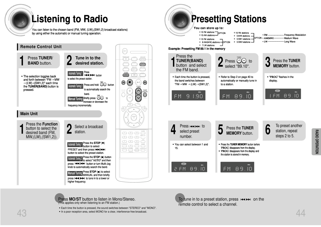 Samsung MAX-DJ550 Listening to Radio, Presetting Stations, Radio Operation, Remote Control Unit, Press TUNER BAND button 