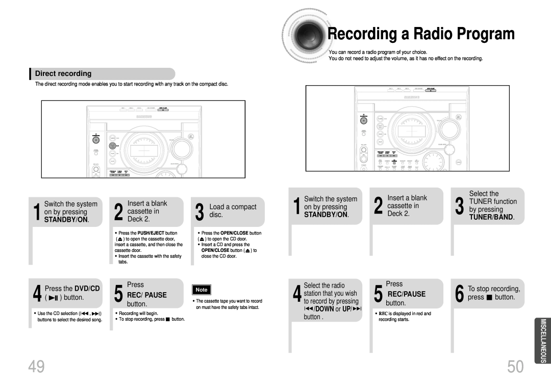 Samsung MAX-DJ550 Recording a Radio Program, Direct recording, Tuner/Band, 5 REC/ PAUSE button, button.REC/PAUSE 