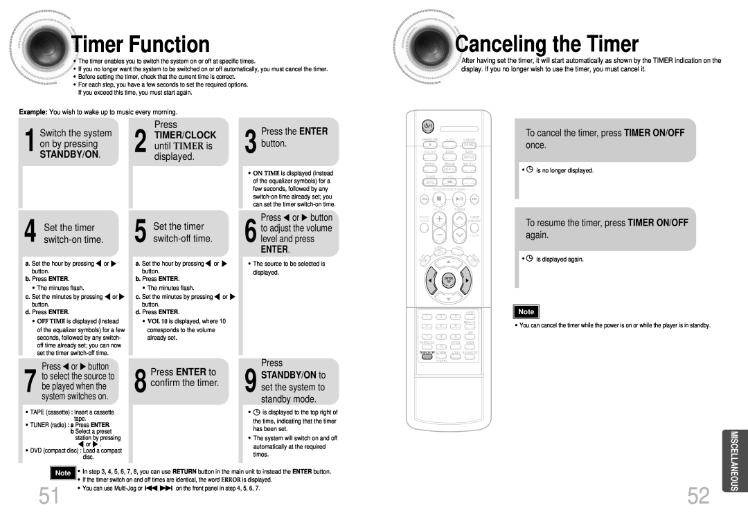 Samsung MAX-DJ550 Timer Function, Canceling the Timer, TIMER/CLOCK until TIMER is displayed, Press the ENTER 3 button 