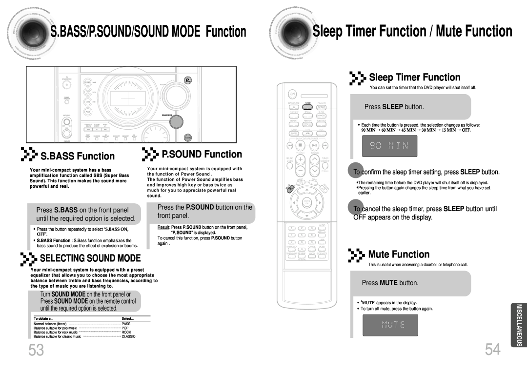 Samsung MAX-DJ550 S.BASS/P.SOUND/SOUND MODE Function, Sleep Timer Function, S.BASS Function, P.SOUND Function 