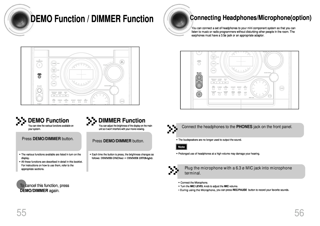 Samsung MAX-DJ550 DEMO Function / DIMMER Function, Connecting Headphones/Microphoneoption, Press DEMO/DIMMER button 