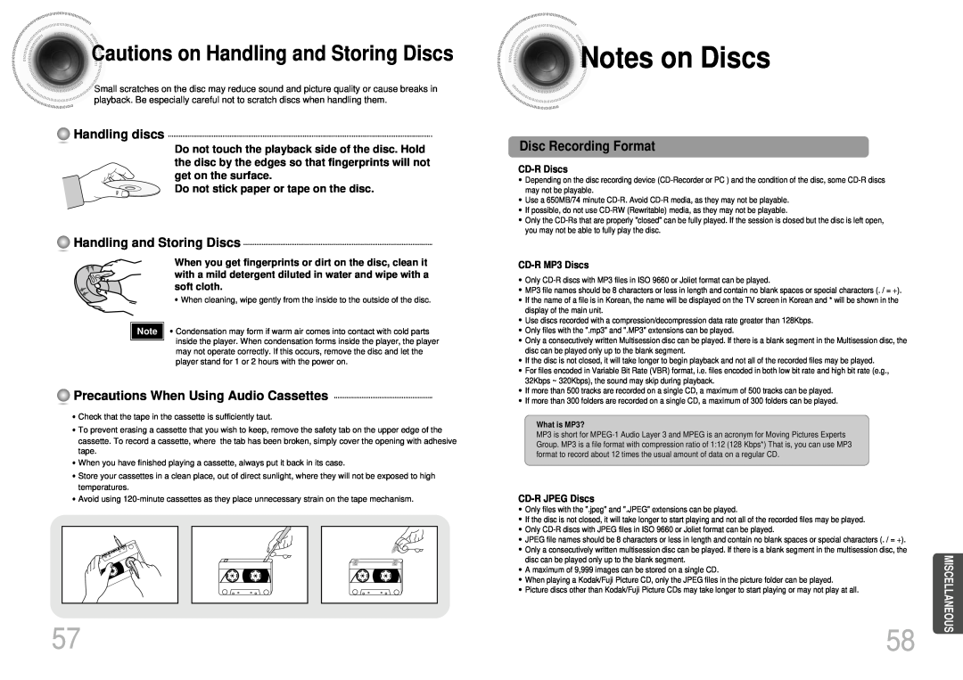 Samsung MAX-DJ550 Notes on Discs, Cautions on Handling and Storing Discs, Handling discs, Disc Recording Format 