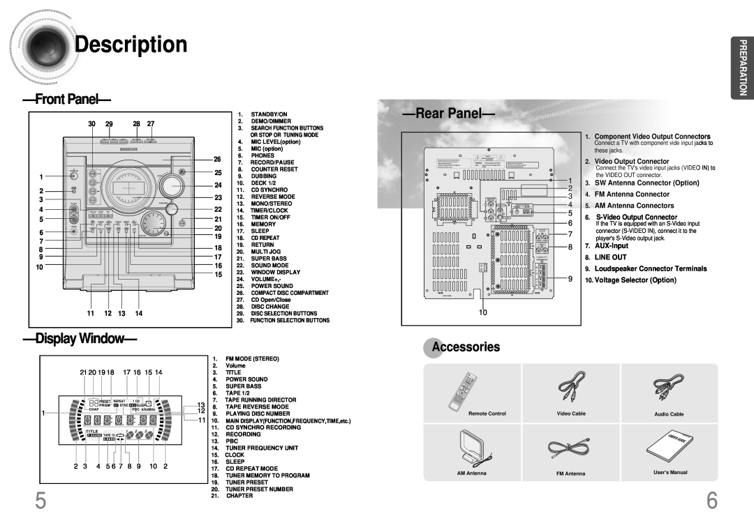 Samsung MAX-DJ550 Description, Rear Panel, Front Panel, Display Window, Accessories, Preparation, Video Output Connector 