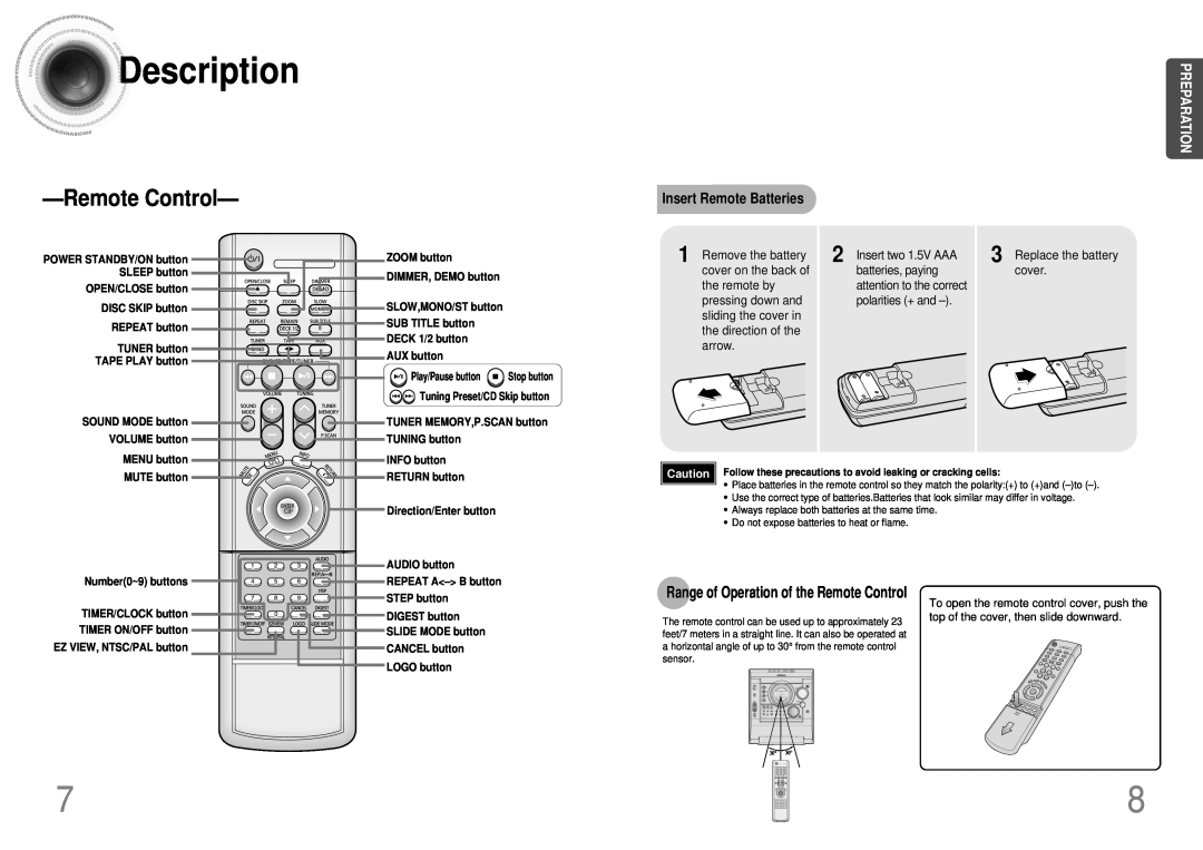 Samsung MAX-DJ550 instruction manual Remote Control, Insert Remote Batteries, Description, Preparation 