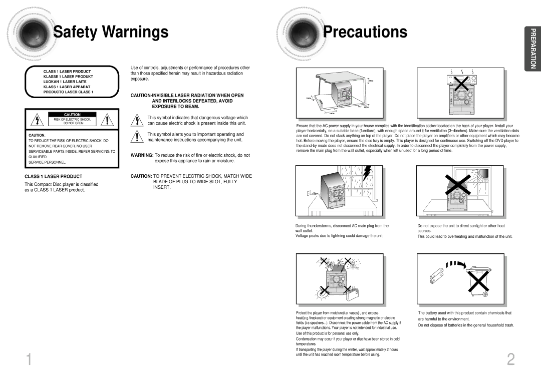 Samsung MAXDJ550FH/FAT, MAX-DJ550T/CDM, MAX-DJ550F/XSG, MAXDJ550FH/HAO, MAX-DJ550L/FES manual Safety Warnings, Precautions 