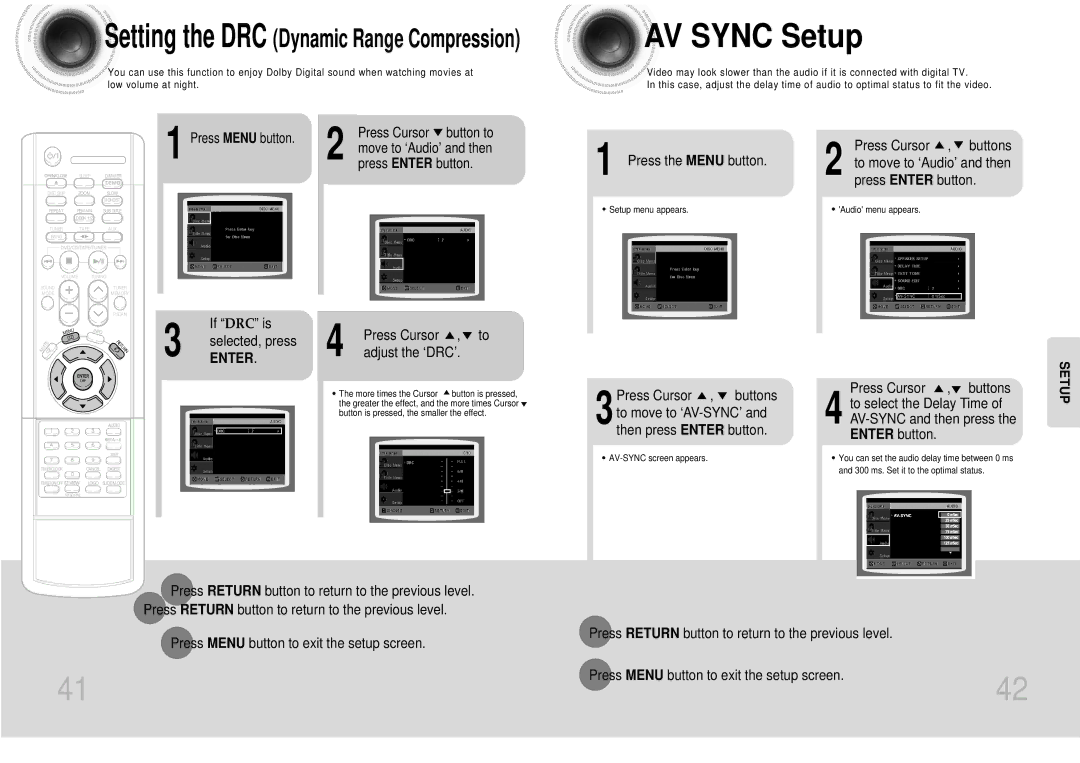 Samsung MAX-DJ550L/FES, MAX-DJ550T/CDM manual AV Sync Setup, If DRC is, Selected, press, Press Cursor Adjust the ‘DRC’ 