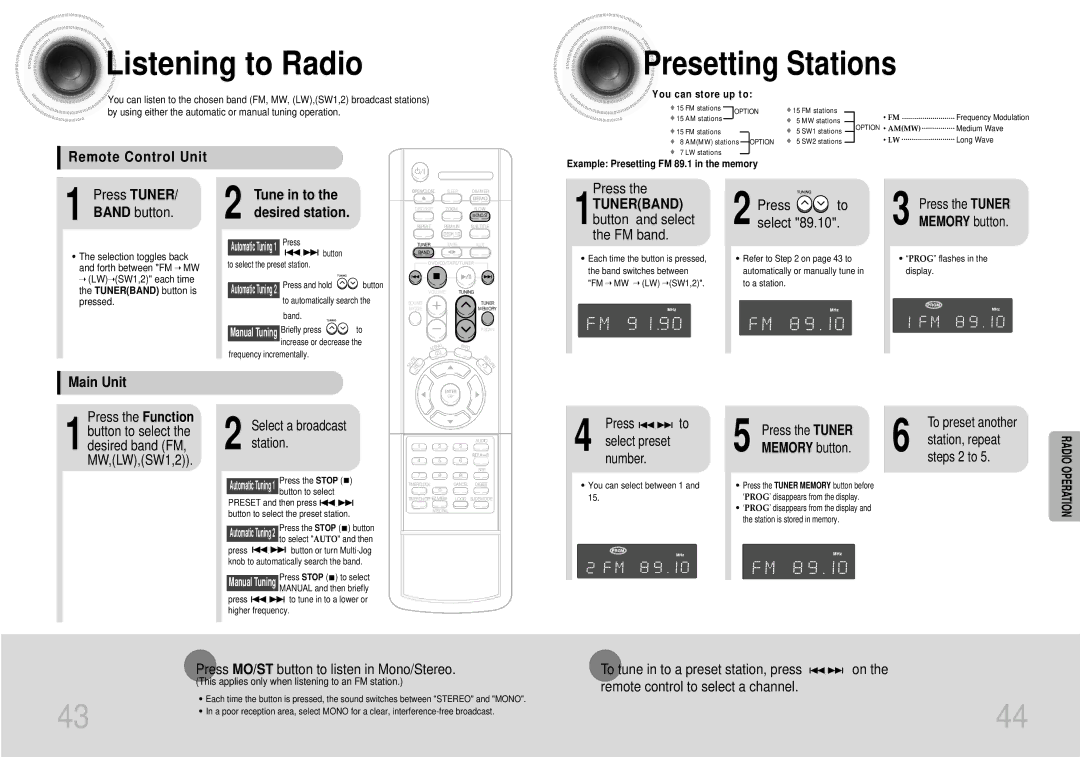 Samsung MAX-DJ550T/ESN, MAX-DJ550T/CDM, MAX-DJ550F/XSG, MAXDJ550FH/FAT manual Listening to Radio, Presetting Stations 