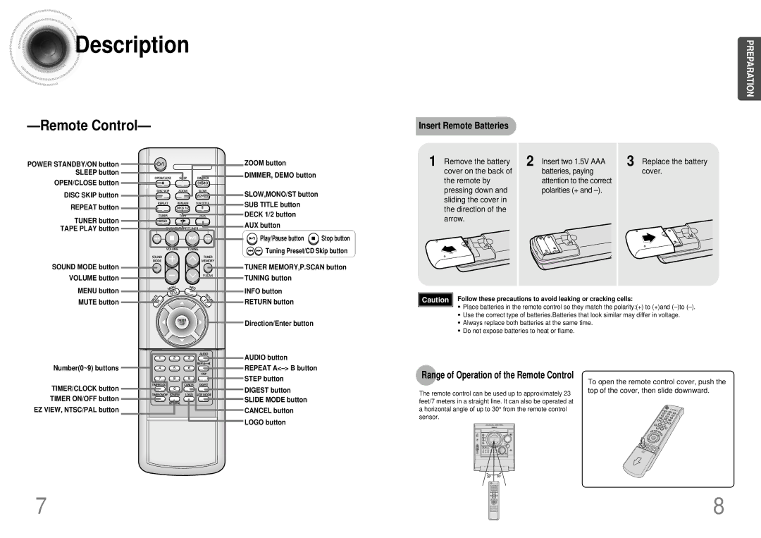 Samsung MAX-DJ550T/ESN, MAX-DJ550T/CDM, MAX-DJ550F/XSG Insert Remote Batteries, Range of Operation of the Remote Control 