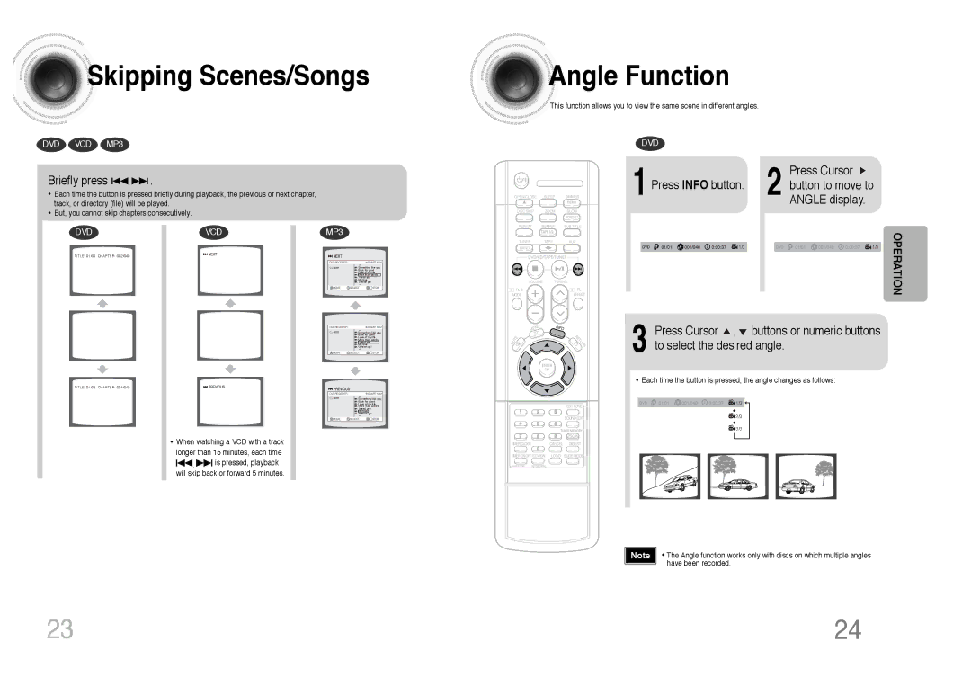 Samsung MAX-DJ750F/TAW, MAX-DJ750F/FMC, MAX-DJ750F/UMG, MAX-DJ750F/HAO Skipping Scenes/Songs, Angle Function, Briefly press 