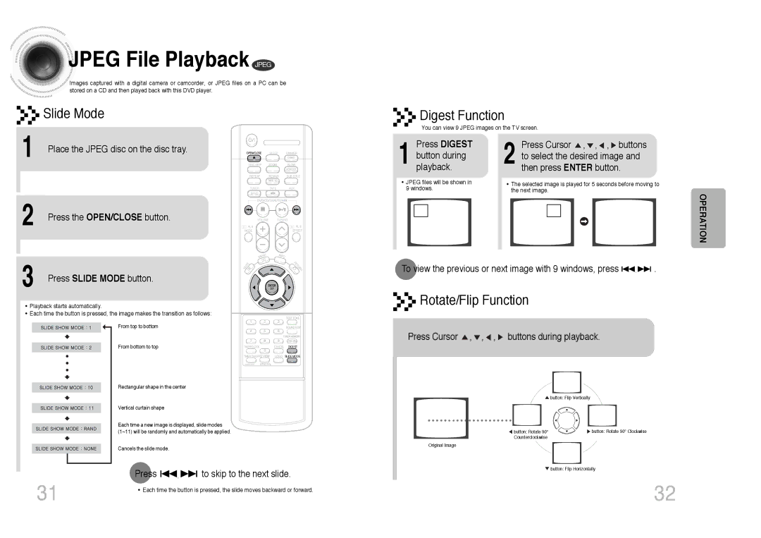 Samsung MAX-DJ740F/FMC, MAX-DJ750F/FMC manual Jpeg File Playback Jpeg, Slide Mode Digest Function, Rotate/Flip Function 