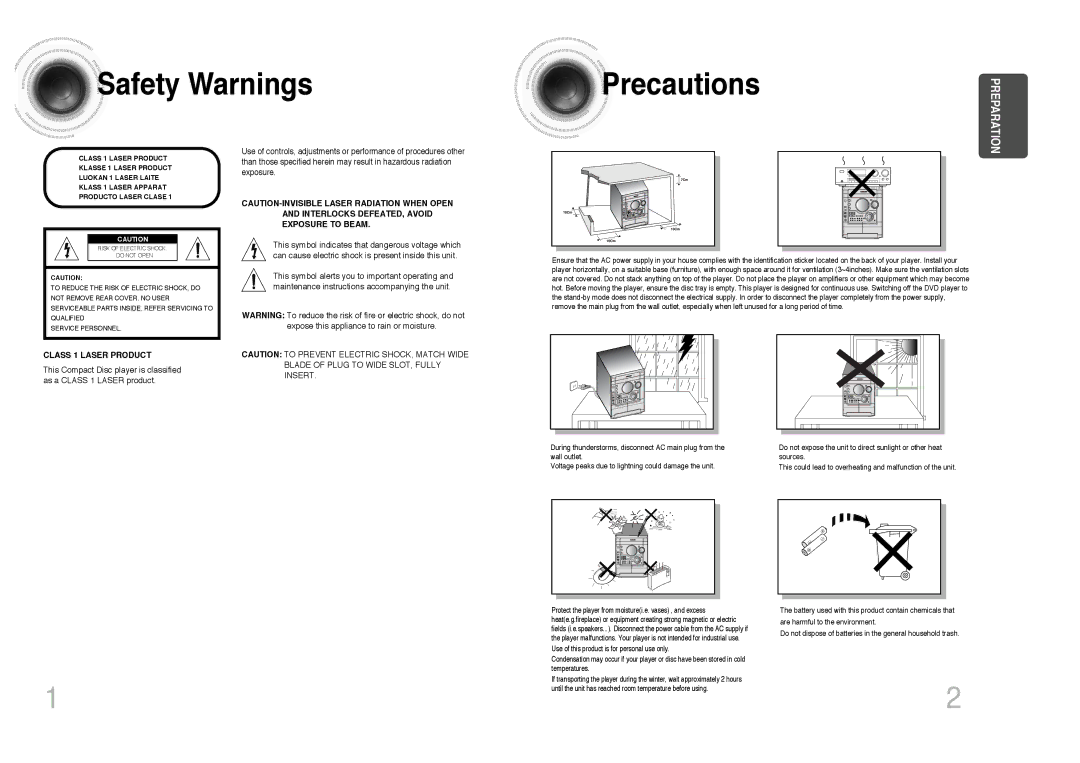 Samsung MAX-DJ750F/HAO, MAX-DJ750F/FMC, MAX-DJ750F/UMG, MAX-DJ740F/AFK, MAX-DJ750F/TAW manual Safety Warnings, Precautions 